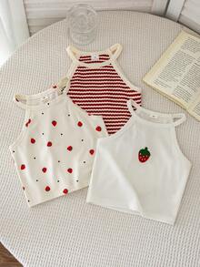 SHEIN LMoss Kids 3件/組少女草莓印花圓領休閒背心上衣，夏季時尚度假款 - 彩色 - 查看 4