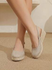 Styleloop Giày nữ thời trang thường ngày đế dày dệt từ dây gai dầu, giày kiểu dáng bohemian nghỉ dưỡng, đế vải canvas kiểu Pháp cổ điển, chất liệu dệt màu mơ, giày cao gót đế xuồng đơn giản và thời trang, gót cao, kiểu dáng nâng gót, mang đến không khí nghỉ dưỡng, trang phục mùa hè, món đồ không thể thiếu khi đi du lịch. - Màu hạnh nhân 9 - Xem 4