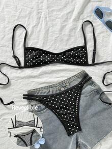 Swim Mod 女款復古圓點與條紋印花雙面穿比基尼套裝，時尚休閒海灘度假性感甜美復古優雅泳衣 - 黑與白 - 查看 3