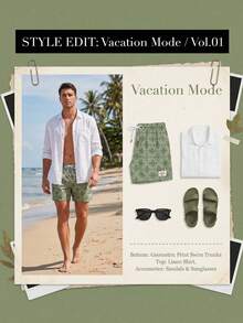 Manfinity Swimmode Men's Summer Vacation All-Over Print Drawstring Waist Breathable Beach Shorts,Green Patterned Swim Trunks Holiday Swimwear - Army Green - View 6