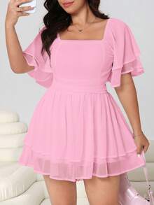 Solflare Plus Size Women Solid Color Square Neck Raglan Sleeve Casual Jumpsuit - Pink - View 1