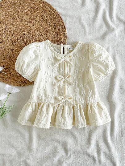 SHEIN Vintaside Kids Baby Girls' Blouse With Unique Floral Fabric Texture, Countryside Vacation Style, Cute And Fashionable, Comfortable For Spring And Summer, Bow Decor
