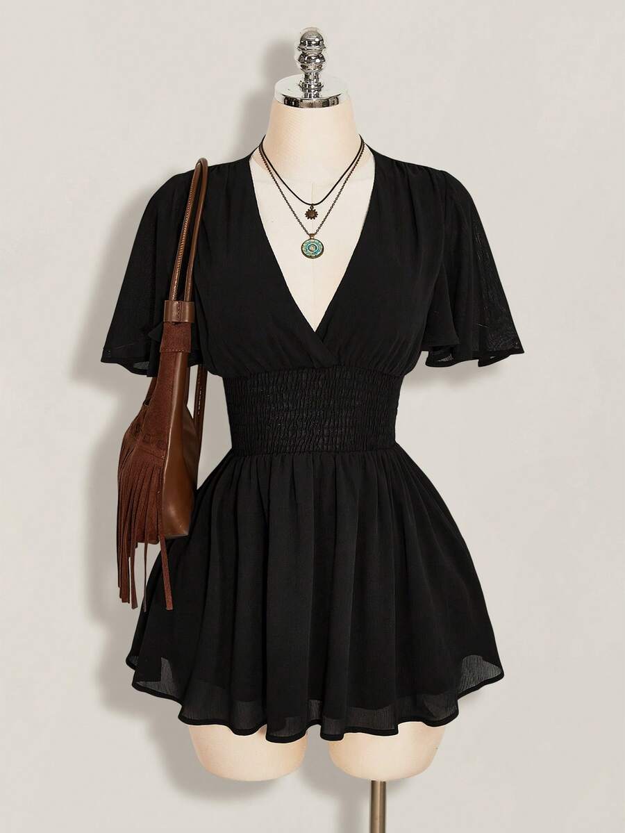 SHEIN ICON 女款夏季黑色極簡純色V領荷葉袖收腰迷你洋裝 - 黑色 - 查看 1