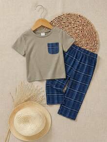 SHEIN Baby Jungen Karohemd mit Tasche & Karoshorts 2 Stücke Set, Lässig & Bequem - Hellgrau - Übersicht 5