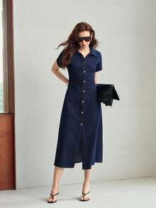 MOTF PREMIUM GAUN DENIM PANJANG PAS BADAN LENGAN SAYAP KELELAWAR UNTUK WANITA MUSIM SEMI/PANAS - Navy Blue - View 5