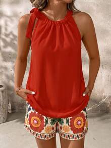SHEIN Clasi Bộ đồ nữ mùa hè gồm áo tank top và quần short in họa tiết (2 món) - trái cam - Xem 4