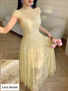 Modelyn Lace Waist Cinching A-Line Flowy Dress, Flattering For Spring/Summer Party Pale Yellow Elegent - Apricot - View 6