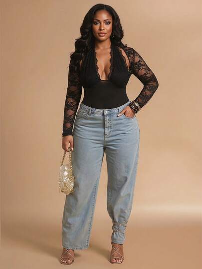 SHEIN BAE CURVE بادي نسائي أسود كبير الحجم مزين بالدانتيل والشبك، بأكمام طويلة وشفافة