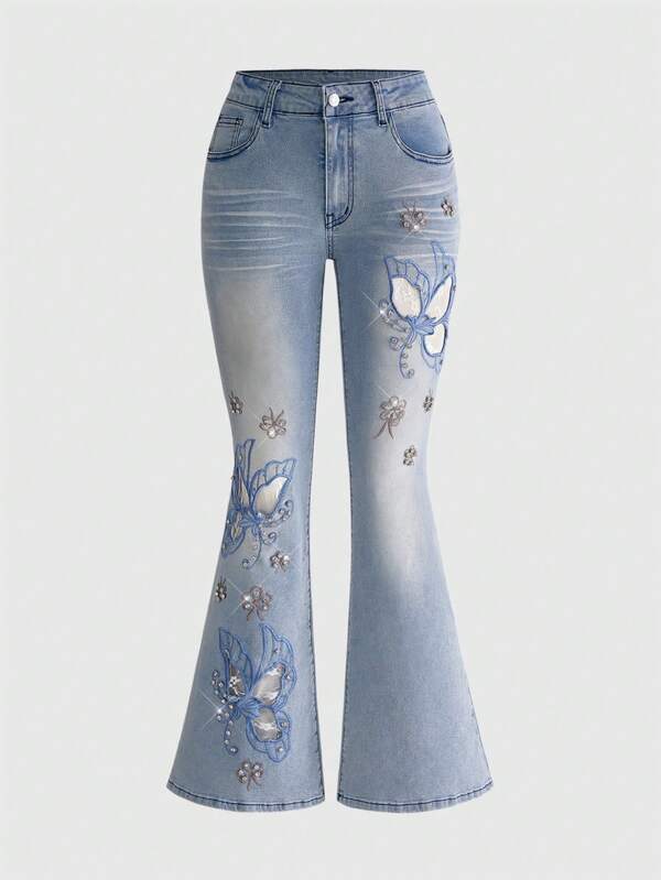 ROMWE Spring/Summer Retro Y2K Distressed Butterfly Embroidery Rhinestone Embellished Slim Fit Flare Leg Women Jeans
