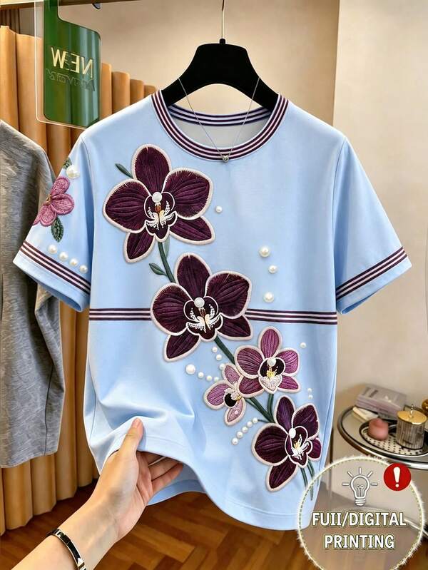 Franclia Camiseta suave de mujer con estampado de orquídea, cuello a rayas, camiseta de manga corta casual en un suave azul claro