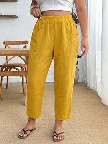 Enliva Plus-Size Women's Summer Casual Cropped Trousers, With Pockets, Suitable For Vacations, Outings, Commuting, And Many Other Occasions. Fall - Yellow - View 6