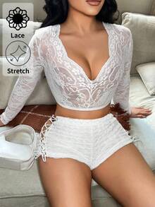 SHEIN SXY 女士深V领性感透视白色蕾丝长袖上衣 - 白色 - 查看 6