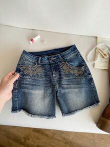 SHEIN Quần short denim nữ mùa hè phong cách thời trang dạo phố chic thường ngày đi làm cạp thấp đính đá giặt mài - Màu xanh lam - Xem 3