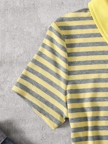 SHEIN Vestido casual de verano para adolescentes, de ajuste ceñido, con rayas amarillas y grises, cuello amarillo, estilo preppy - Amarillo - Ver 5