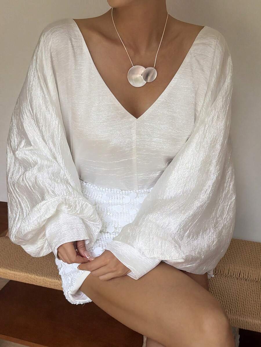 Livesso Blusa de gasa blanca para verano y otoño, vestido de noche elegante de manga larga para boda, brunch, banquete y baile, camisa de oficina para mujer, ropa de vacaciones - Blanco - Ver 1