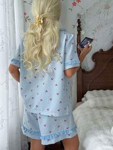 CottageSlumber Cherry Plaid Print Patchwork Solid Color Ruffle Bow Romantic Women Pajama Set - Multicolor - View 2