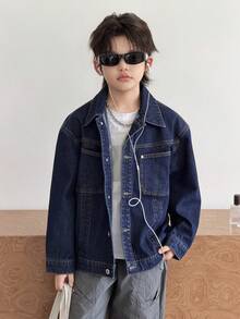 DAZY 大童超大翻领休闲长袖夹克，牛仔外套 - 藏蓝色 - 查看 3