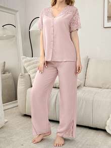 SHEIN Lace Patchwork Sheer Shoulder Cardigan Short Sleeve Pajama Set For Women - Pink - View 4