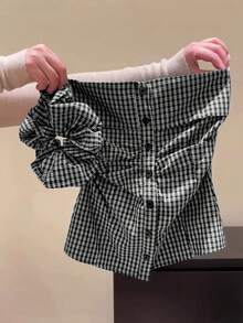 Franclia Women's Casual Plaid Print Ruched Bandeau Top With Hair Scrunchie - Black and White - View 5