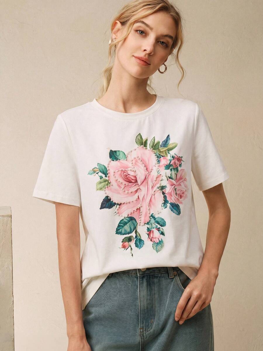 Anewsta Sequin Applique Bubble Bead White Crew Neck Short Sleeve T-Shirt - White - View 1