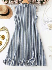 SHEIN LUNE Đầm mùa hè dáng rộng, không tay, kẻ sọc, cài nửa thân trước, kiểu dáng thường ngày, đa năng, cỡ lớn. - Màu xanh lam - Xem 2