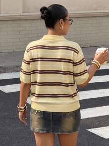 Muchica Plus Size Mustard Yellow Striped Knit Top - Pale Yellow - View 3