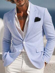 Manfinity Mode Men Business Casual Striped Lapel Long Sleeve Button Front Blazer, Ceremony, Formal - Baby Blue - View 3