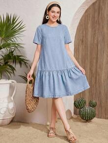 SHEIN 少女宽松蓝色牛仔抽绳连衣裙 - 淺色水洗藍 - 查看 4