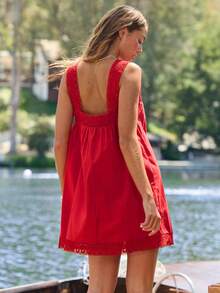 WESTFADE Square Neck Pleated Front 100% Cotton & Crochet Lace Red Babydoll Mini Dress Summer, Vacation, Casual, Cowgirl, Western, Rodeo, Festival - Red - View 2