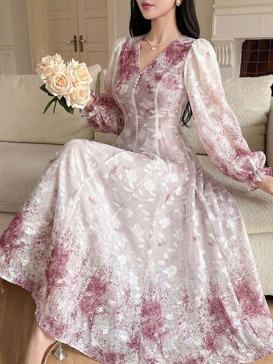 DAZY Women's Elegant Floral Petal Sleeve V-Neck Mid-Length Dress, Spring/Summer Sundress - Burgundy - View 1