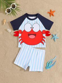 SHEIN Infant & Toddler Crab Print Short Sleeve T-Shirt & Shorts Swimsuit Set - Multicolor - View 3