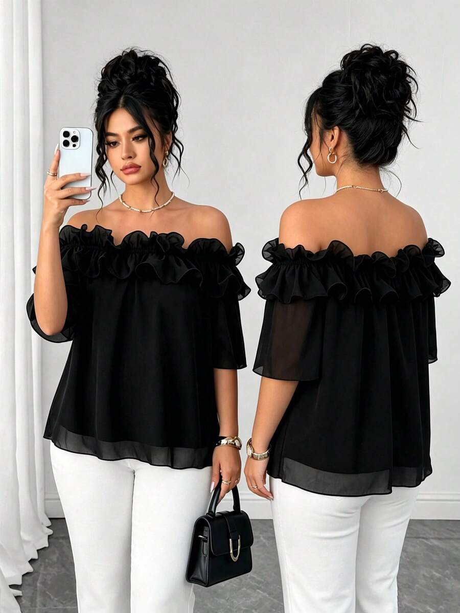 Elenzga Elegant Lady Ruffled Off-Shoulder Chiffon Blouse, Plus Size Women Casual Top For Spring/Summer, Vacation & Beach - Black - View 1