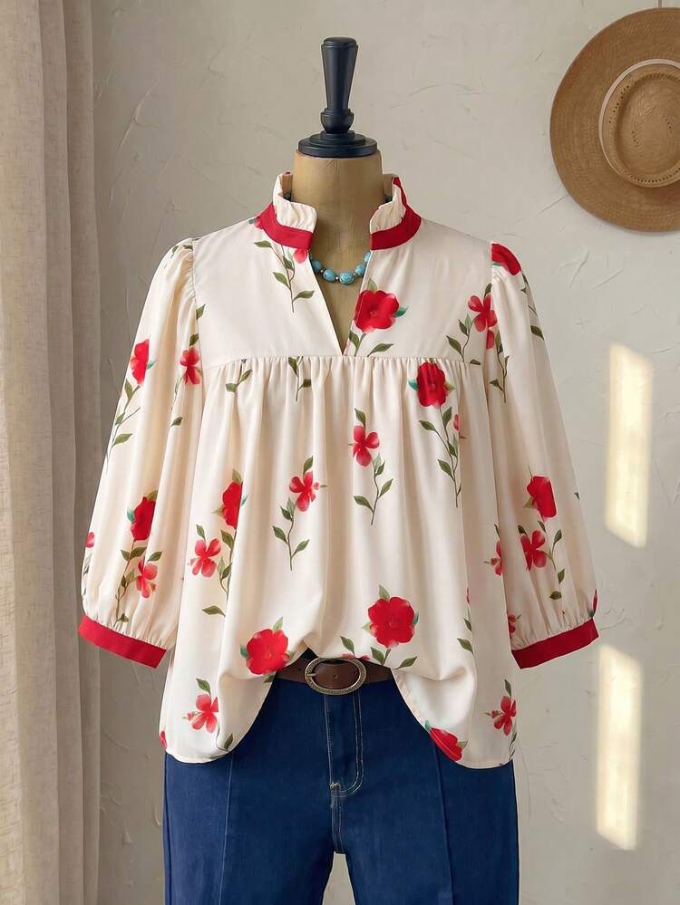 Plus Size Women Floral Pattern V-Neck 3/4 Sleeve Casual Shirt