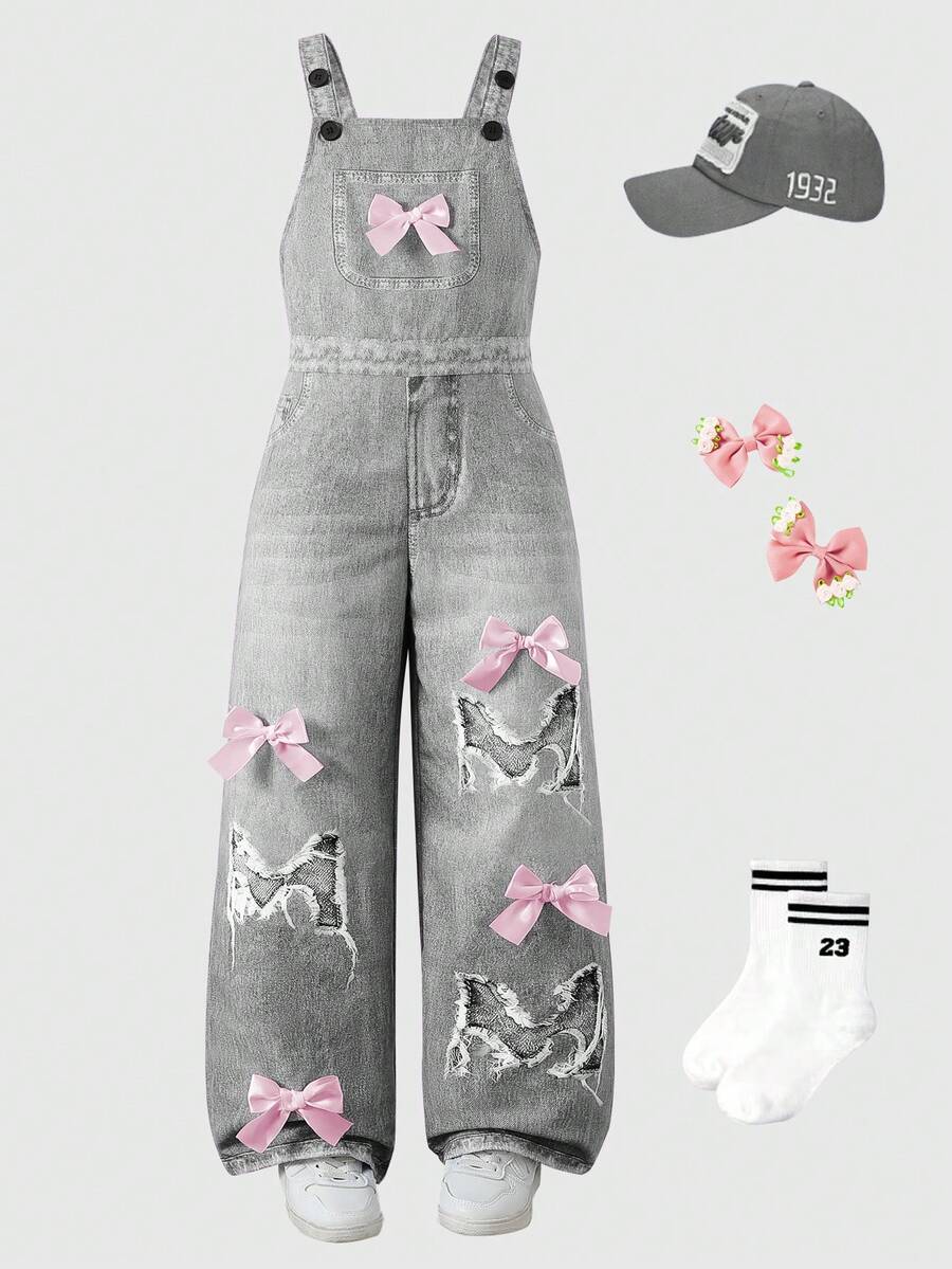 Elladie kids 青少年女孩牛仔效果印花蝴蝶結裝飾連身褲 - 彩色 - 查看 1