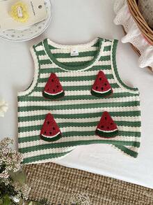 SHEIN LMoss Kids 女童西瓜图案条纹圆领休闲背心 - 綠色 - 查看 4