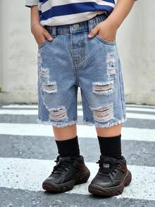 幼童男童淺藍色寬鬆破洞牛仔短褲 - 淺色水洗藍 - 查看 8