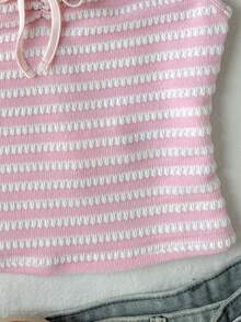 SHEIN Tween Girls Pink And White Striped Knit Textured T-Shirt,Summer Casual Ruched Bust Sweet Preppy Style Top,Y2K Fashion Back To School Holiday Wear - Pink - View 5