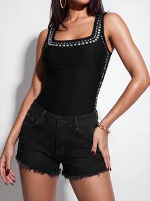 Normani Áo tank top nữ cổ vuông thiết kế đinh tán, dáng ôm, phong cách thường ngày. - màu đen - Xem 4