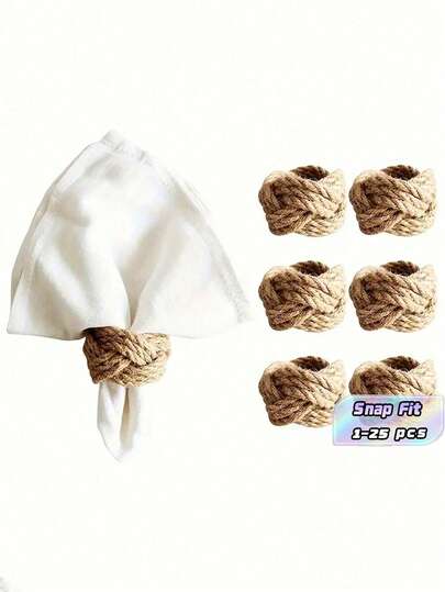 SHEIN 2/4/6/8/10/12pcs Handwoven Linen Napkin Rings With Floral Design - Natural Jute Material For Nautical Theme Table Decor, Perfect For Parties, Weddings, Birthdays & Dining Ambiance