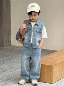 2 pièces Ensemble jeune garçon gilet sans manches en jean bleu vintage et pantalon ample - Jean clair - Voir 8