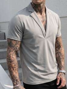 Manfinity CasualCool T-shirt casual da uomo con colletto alla coreana, versatile, a maniche corte, per uso quotidiano e vacanze - Grigio - Visualizzare 5