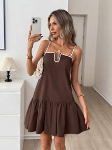 Easowa Gaun A-Line Berpotongan A dengan Blok Warna dan Hem Bergelombang, Gaun Mini Gaya Vintage Kasual Longgar Elegan untuk Wanita, Gaun Liburan Musim Semi/Panas Bergaris Cokelat - Coklat - View 2
