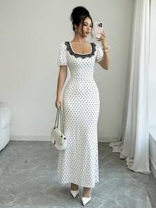 SHEIN Clasi Elegantes langes Damenkleid mit Puffärmeln, kontrastierender Spitze und Polka-Dot-Muster - Verschiedenfarbig - Übersicht 4