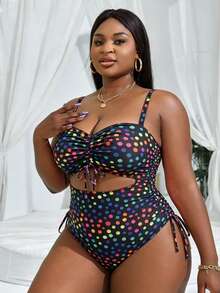 Slaydiva Traje de baño de una pieza para mujer talla grande con parte superior tipo bandeau de unicolor con cordón ajustable y Bottom con cordón lateral - Negro - Ver 4