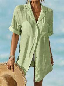 Swim Vcay Women's Simple Solid Color Front Button Short Sleeve Kimono Cover Up, Suitable For Summer Vacation - Olive Green - View 5