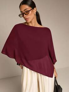 COSMINA Solid Color Casual Versatile Daily Shirt, Asymmetrical Hem Summer Sun Protection, Shawl Collar 's Women's Matching, - Burgundy - View 2