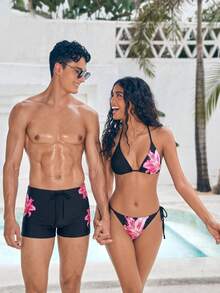 Manfinity Swimmode 夏季男士花卉印花泳褲，黑色飄逸熱帶度假海灘夏威夷泳短褲，適合度假約會情侶 - 黑色 - 查看 3