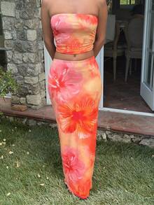 Ronhire Ensemble élégant de style vacances pour femmes, imprimé tie-dye hibiscus hawaïen, ensemble 2 pièces avec top bandeau et jupe, style vacances d'été - Orange - Voir 7