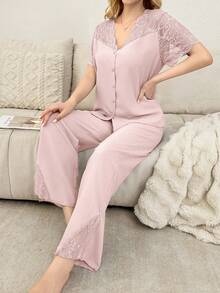 SHEIN Lace Patchwork Sheer Shoulder Cardigan Short Sleeve Pajama Set For Women - Pink - View 6