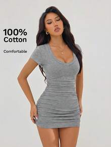 SHEIN PETITE Summer Dress Solid Ruched Bodycon Dress,Dresses For Women Summer ,Petite Women - Grey - View 5